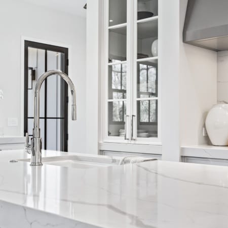 Three Inch Thick Quartz with Glass Front Display Cabinetry