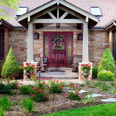Red Stained Wooden Door with Sidelites