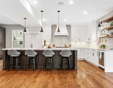 Transitional Entertaining Kitchen with Integrated Island Seating