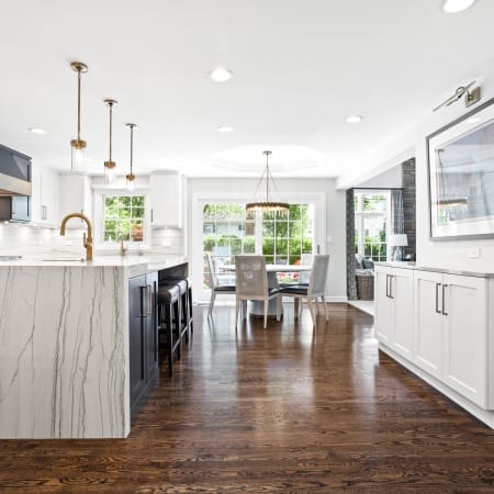Waterfall Island, Quartz, Shaker Cabinetry