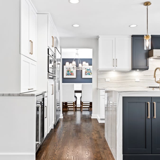 Navy Dining Room, White and Soft Black with Navy Undertones on Shaker Cabinets