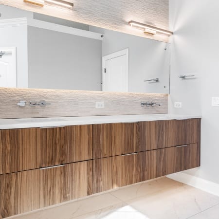 Dual Vanity with Mirror and Stone Backsplash