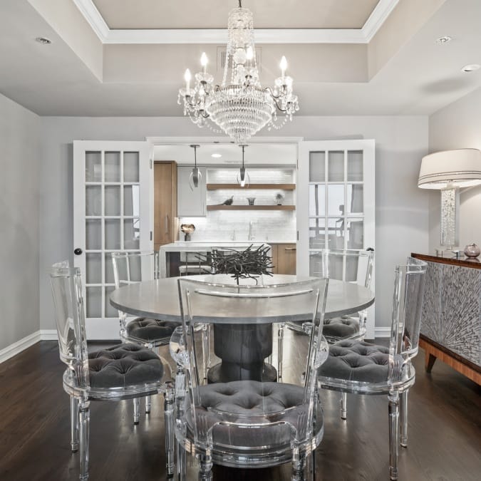 Dining Room with Recessed Ceiling and Hardwood Flooring