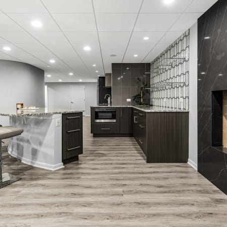 Custom Glass Shelving Above Quartz Countertops