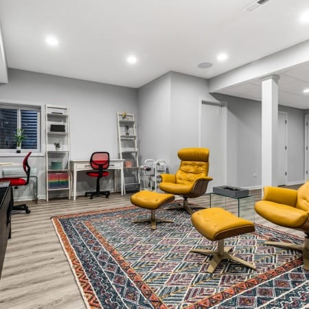 Entertaining Basement with Wood Plank Looking Luxury Vinyl Tile
