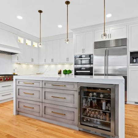 Mitered Edge Waterfall Island with Stained Clear Alder