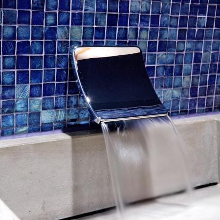 Mosaic Tile Backsplash on Cement Sink with Waterfall Faucet