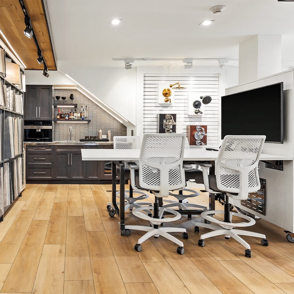 Bright kitchen and dining space with cabinetry