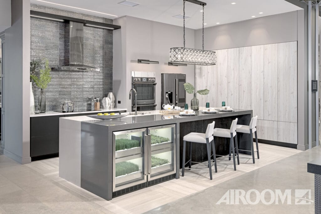 Contemporary kitchen with glass-front island