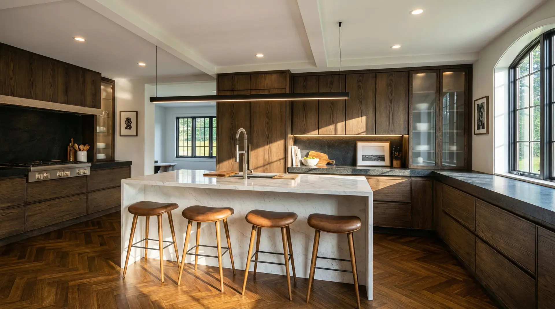 Chicago kitchen with brown, custom wood cabinetry, concrete countertops, and white waterfall island in the center. There is a large, arched window on the righthand side.