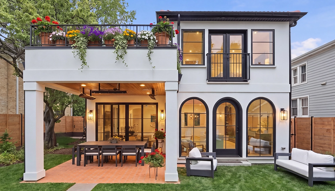 Spanish colonial style exterior remodel on the rear of a Kenilworth home. There is a porch leading out of the second story with outdoor dining space below.